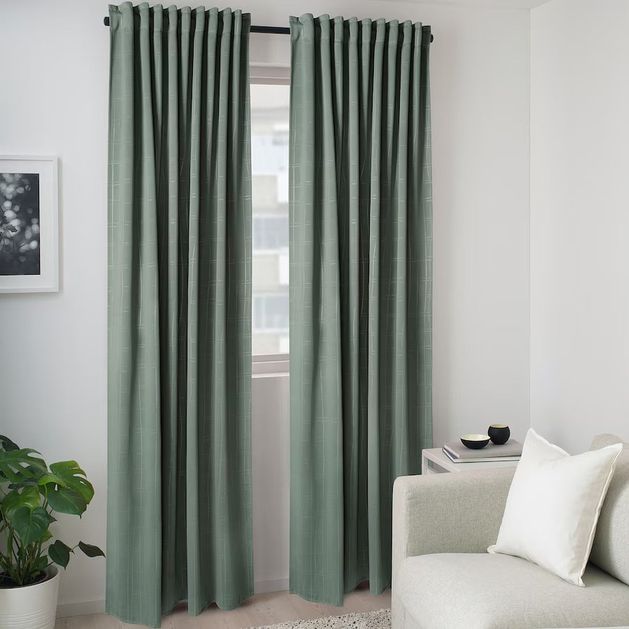 PRAKTTIDLÖSA Room darkening curtains, 1 pair, green, 145x250 cm