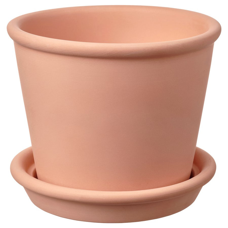 MUSKOTBLOMMA Plant pot with saucer, in/outdoor terracotta, 12 cm
