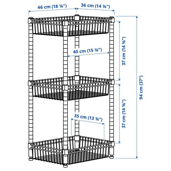 OMAR Shelving unit with 3 baskets, galvanised, 92x36x94 cm