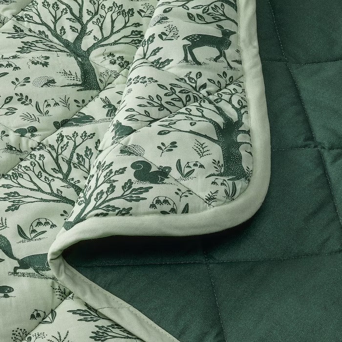 TROLLDOM Quilted blanket, forest animal pattern/green, 96x96 cm
