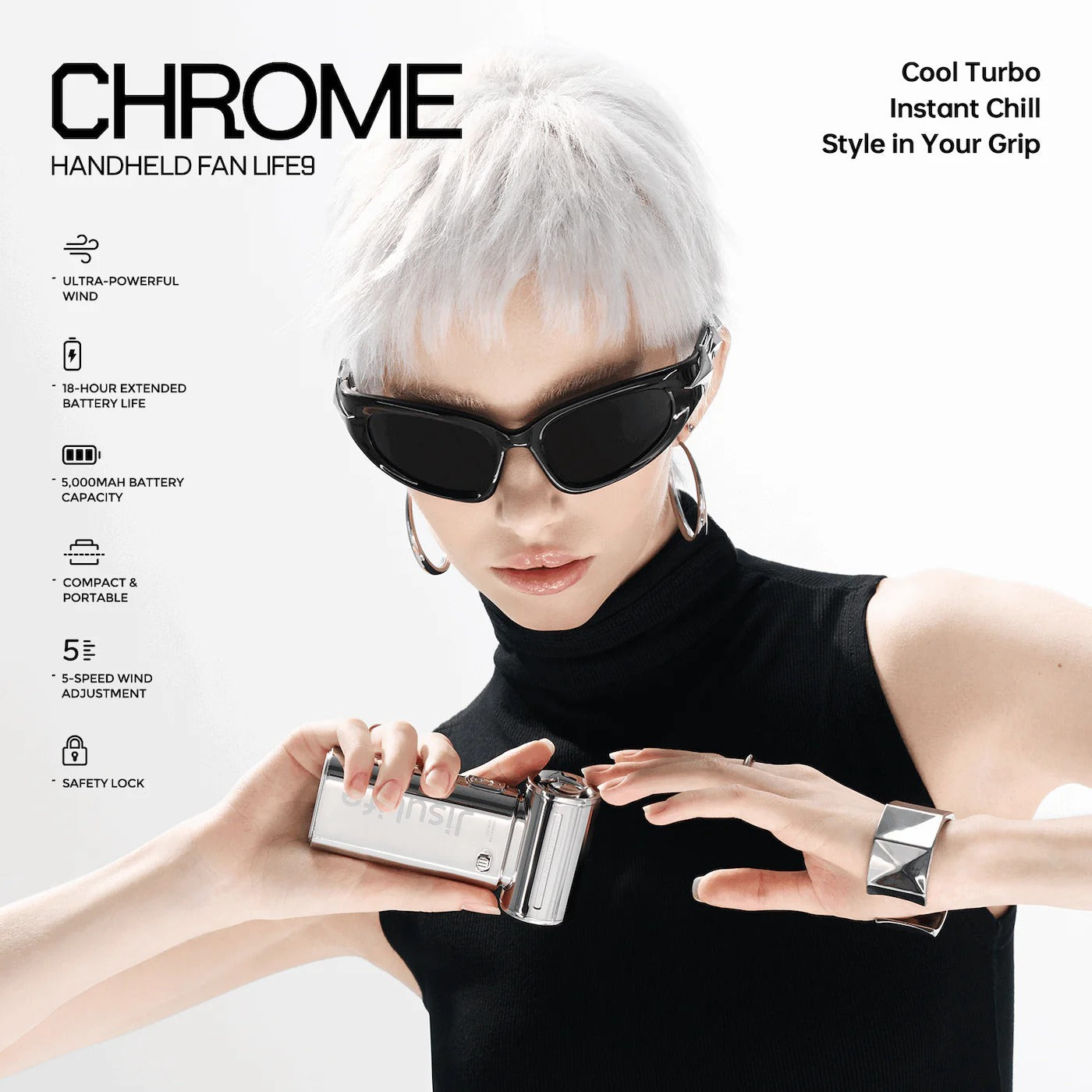 Jisulife - Handheld Fan Life 9 ( 5000mAh ) - Chrome