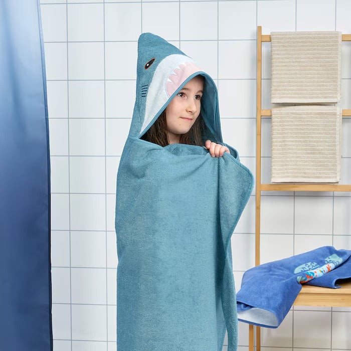 BLÅVINGAD Towel with hood, shark-shaped/blue-grey, 70x140 cm
