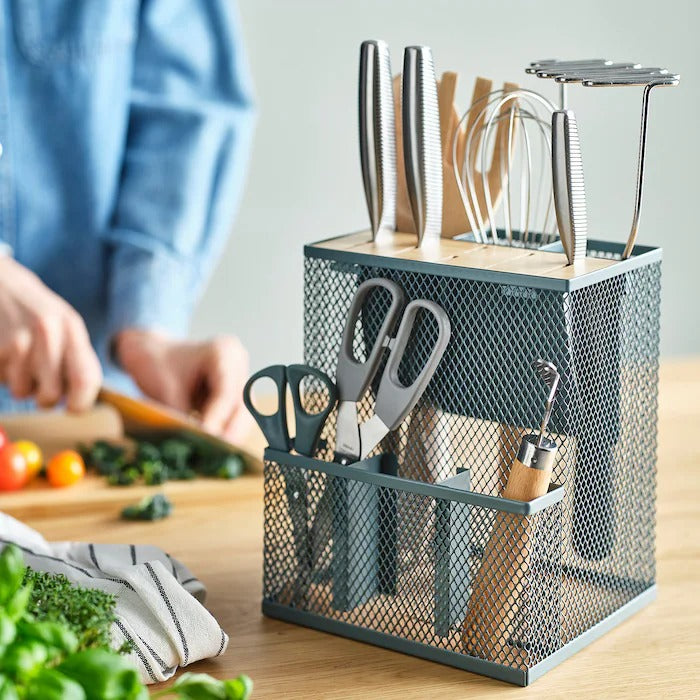 New VIMPELFISK Knife block, bamboo/grey-turquoise