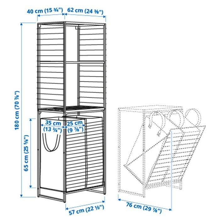 JOSTEIN Shelving unit with bags+grid, in/outdoor wire/transparent white, 62x40/76x180 cm