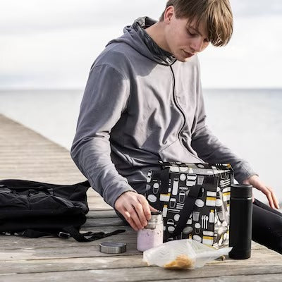 FLADDRIG Lunch bag, patterned grey, 25x16x27 cm