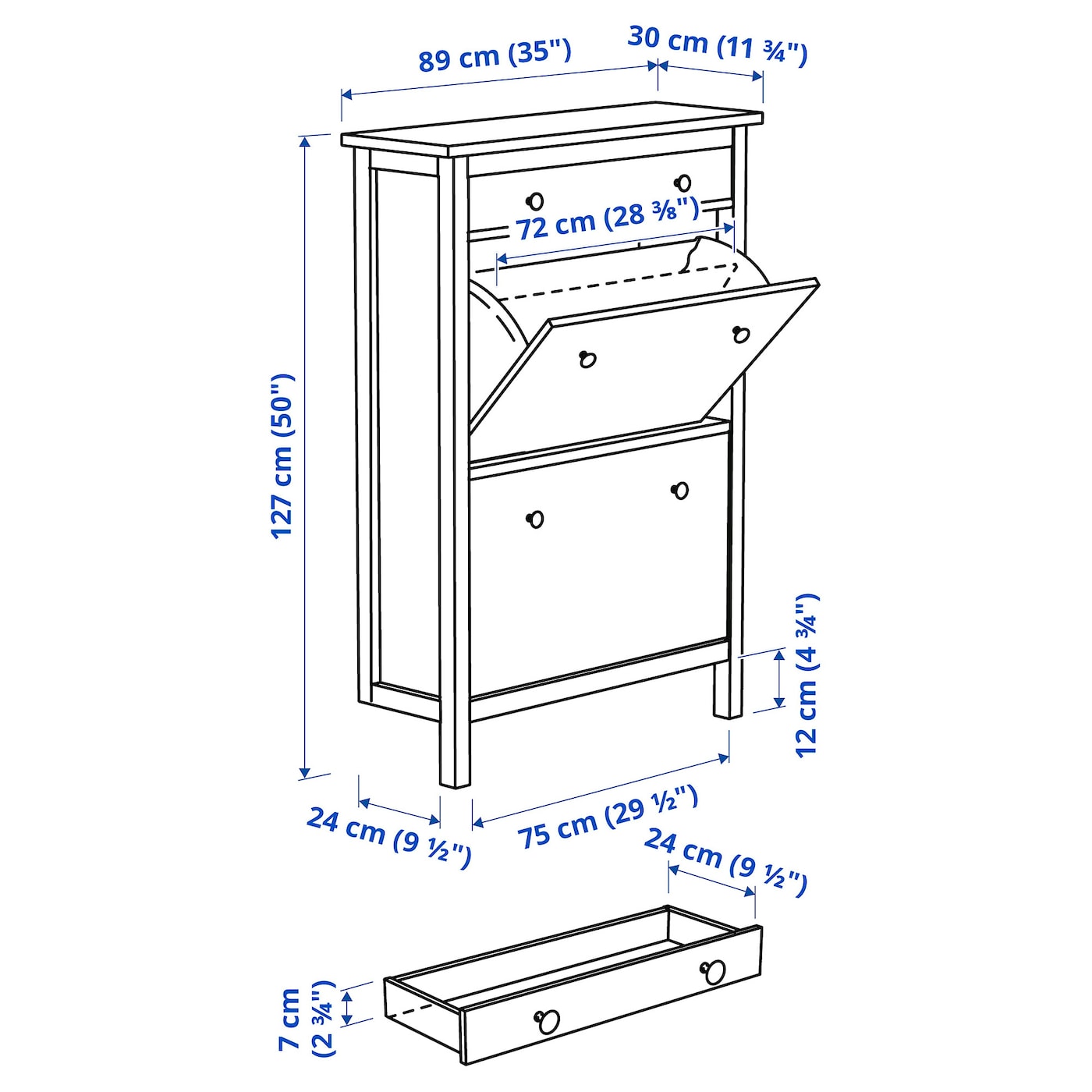 HEMNES Shoe cabinet with 2 compartments, white, 89x30x127 cm