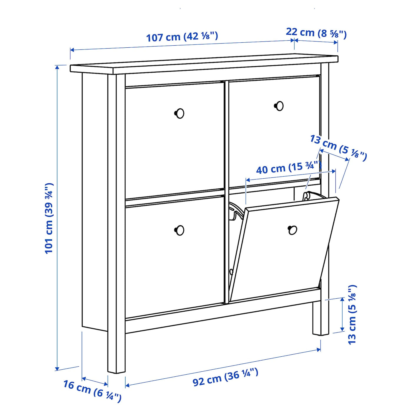 HEMNES Shoe cabinet with 4 compartments, white, 107x22x101 cm