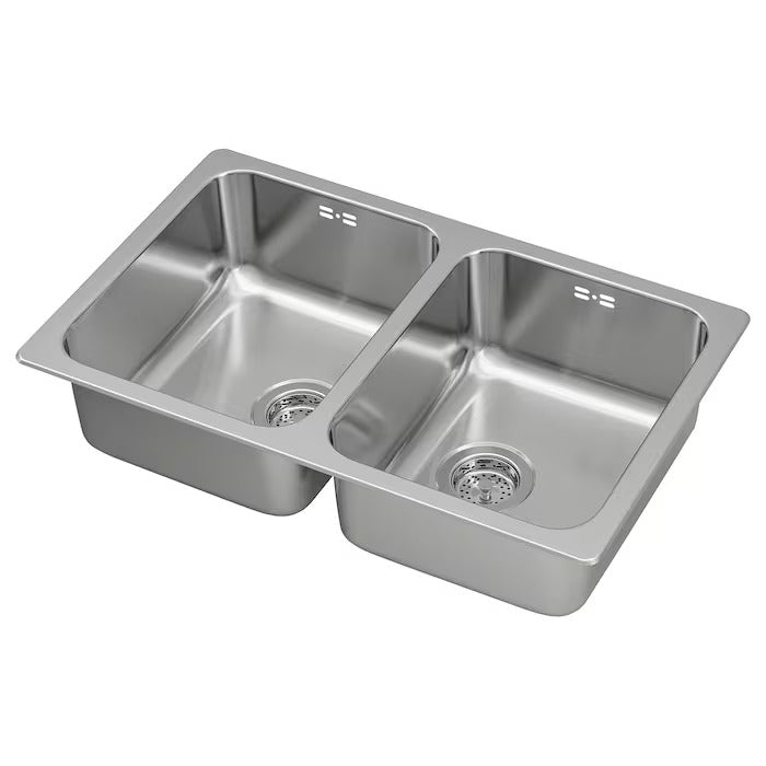 HILLESJÖN Inset sink, 2 bowls, stainless steel, 75x46 cm