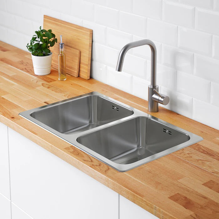 HILLESJÖN Inset sink, 2 bowls, stainless steel, 75x46 cm