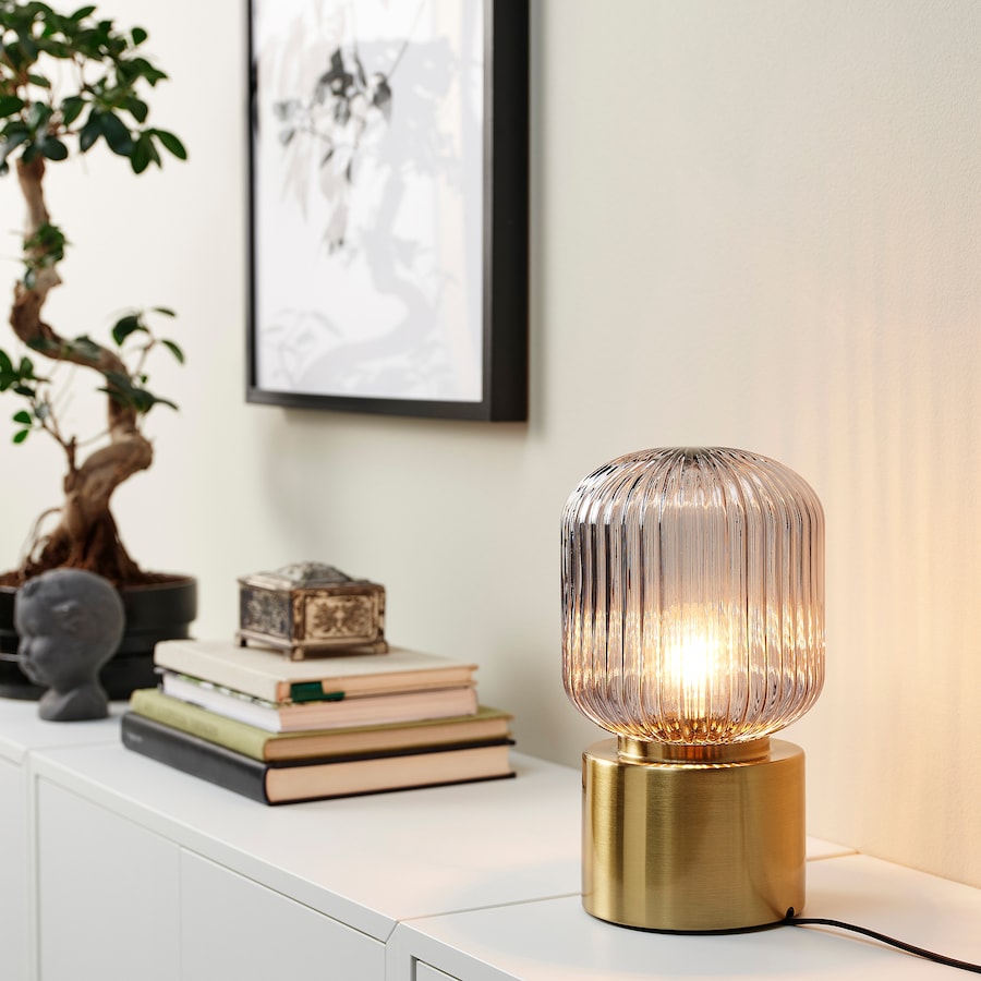SOLKLINT Table lamp, brass/grey clear glass, 28 cm
