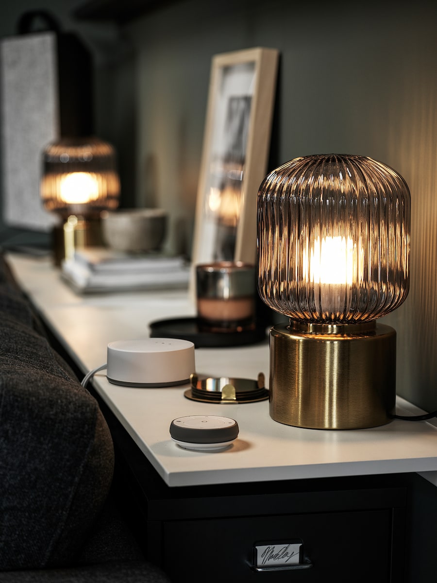 SOLKLINT Table lamp, brass/grey clear glass, 28 cm