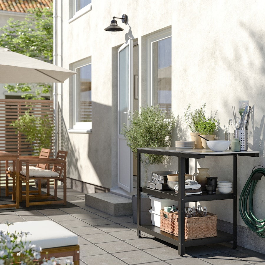 GRILLSKÄR Kitchen island w side table, stainless steel/outdoor, 93/116x61 cm