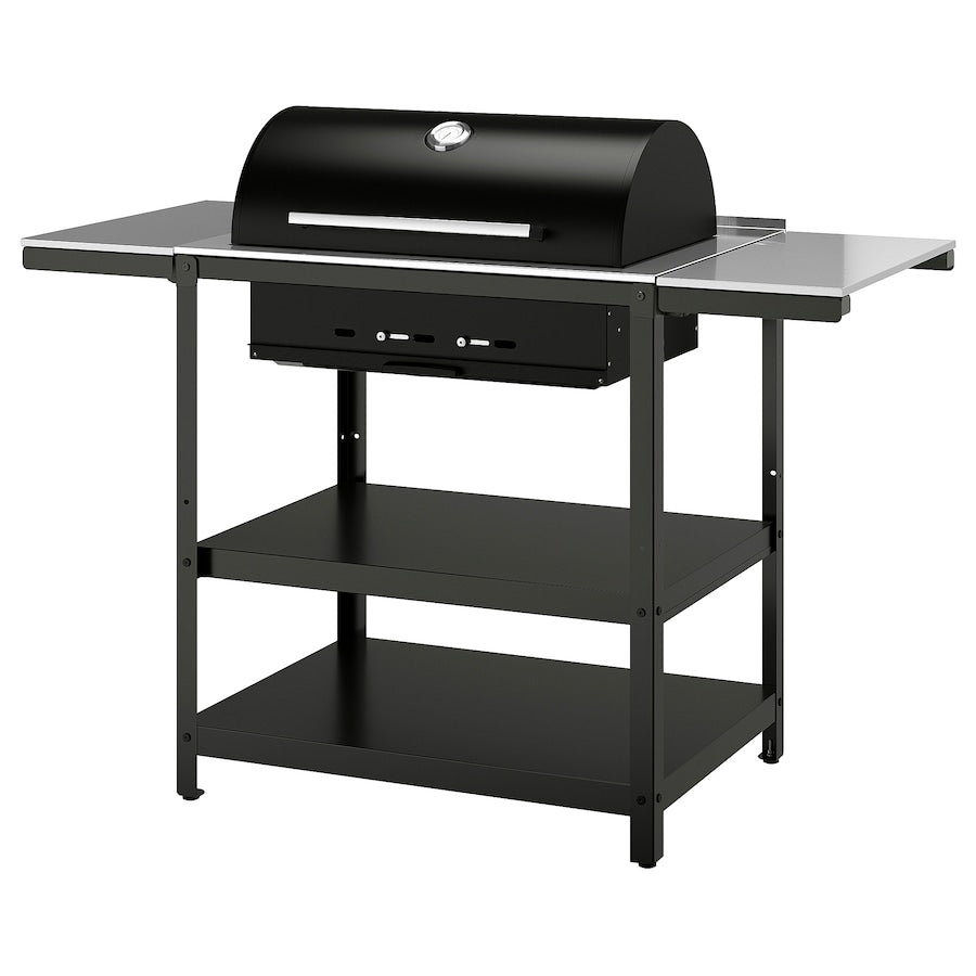GRILLSKÄR Charcoal barbecue w 2 side tables, stainless steel/outdoor, 99/123/147x61 cm