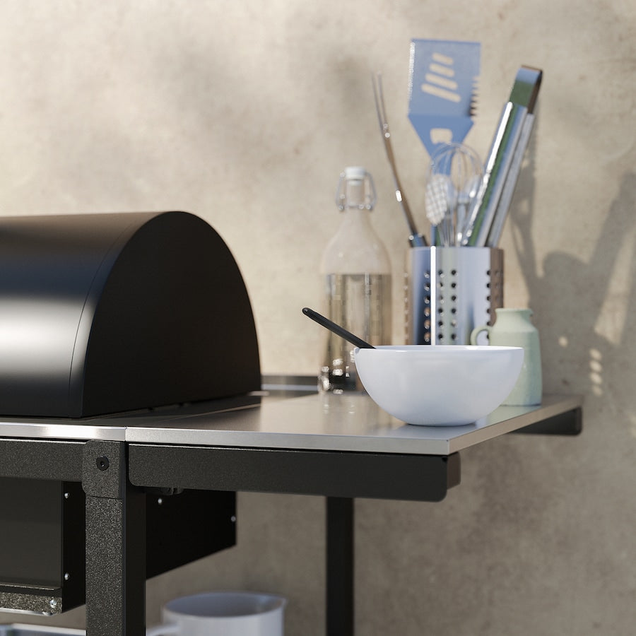 GRILLSKÄR Charcoal barbecue w 2 side tables, stainless steel/outdoor, 99/123/147x61 cm