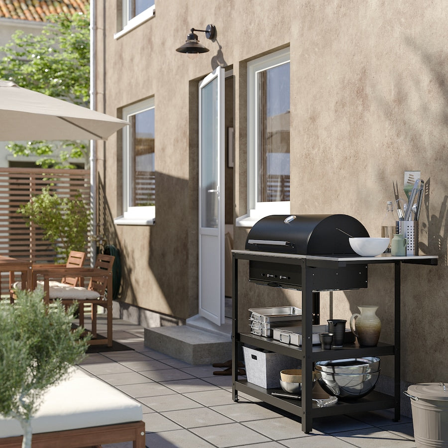 GRILLSKÄR Charcoal barbecue w side table, stainless steel/outdoor, 93/116x61 cm