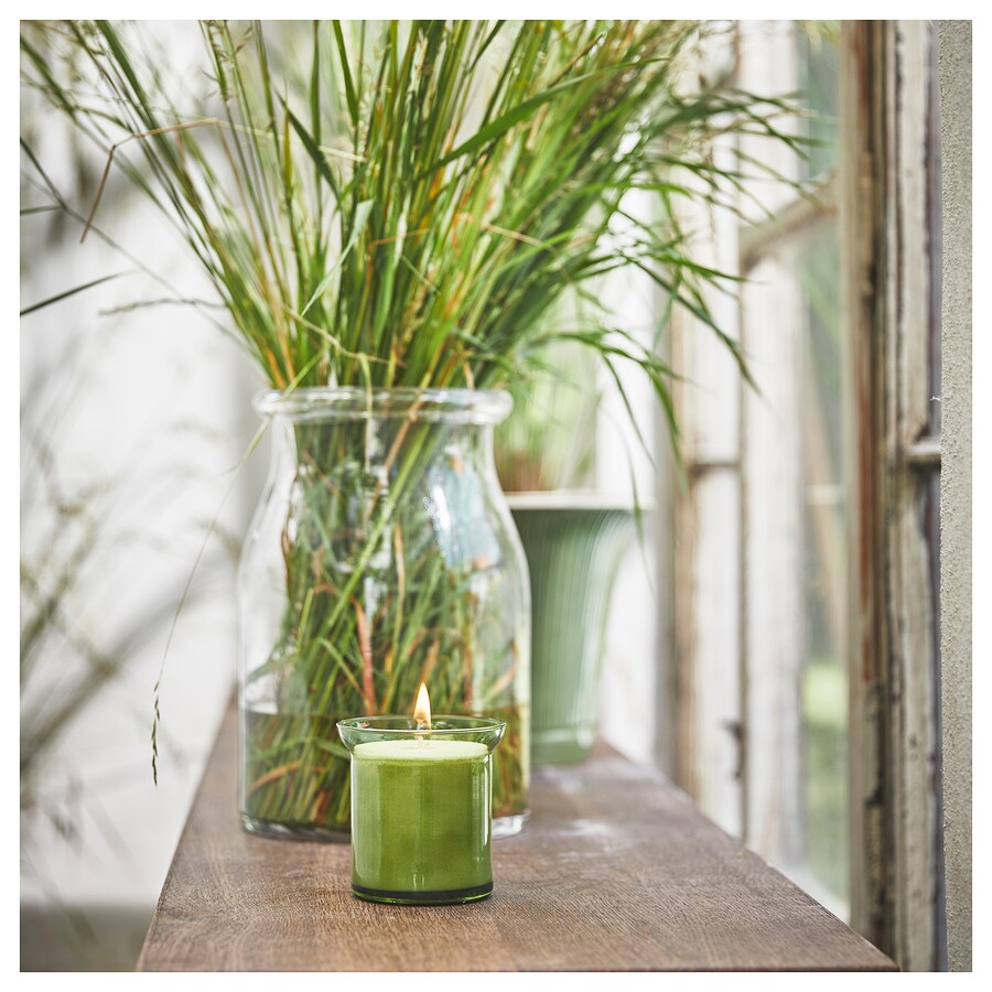 HEDERSAM Sceted canndle in glass, Fresh grass/light green, 50 hr