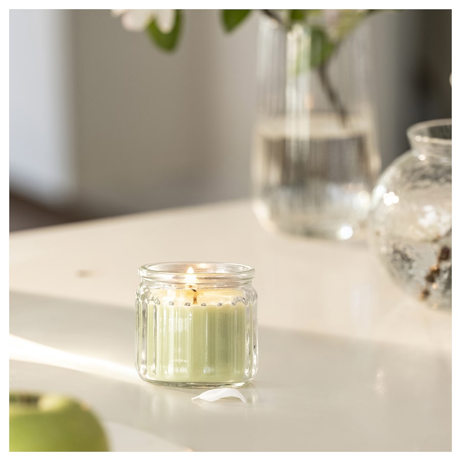 LÖVSKOGSLUND Scented candle in glass, apple/light green, 12 hr