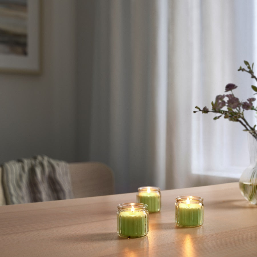LÖVSKOGSLUND Scented candle in glass, apple/light green, 12 hr