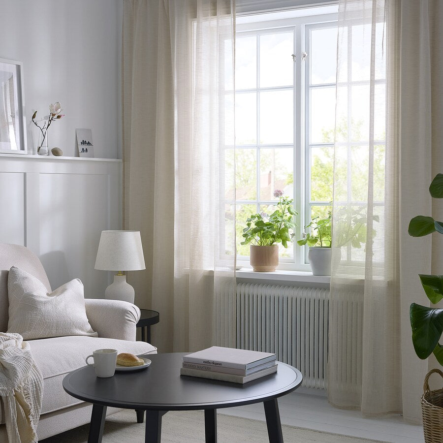 HÄLLEBRÄCKA Sheer curtains, 1 pair, with heading tape/light beige, 145x250 cm