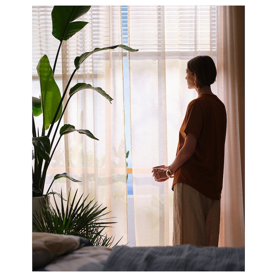 HÄLLEBRÄCKA Sheer curtains, 1 pair, with heading tape/light beige, 145x250 cm