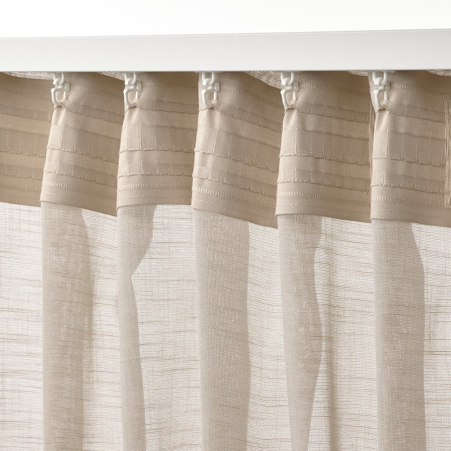 HÄLLEBRÄCKA Sheer curtains, 1 pair, with heading tape/light beige, 145x250 cm