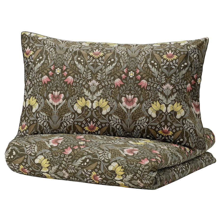 KÄRRDUNÖRT Duvet cover and pillowcase, dark green/multicolour, 150x200/50x80 cm