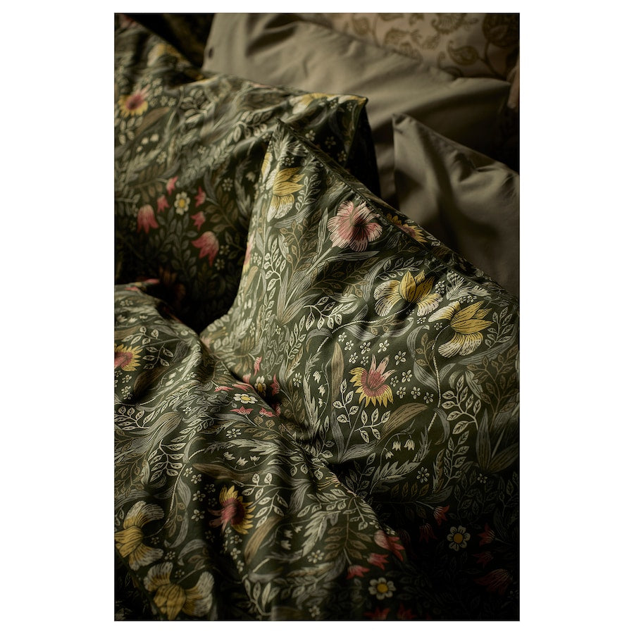 KÄRRDUNÖRT Duvet cover and pillowcase, dark green/multicolour, 150x200/50x80 cm