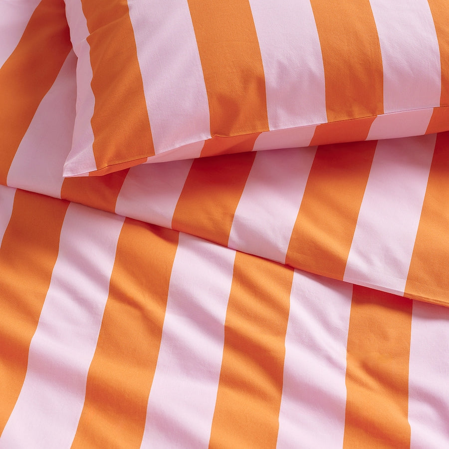 SLÅNHÖSTMAL Duvet cover and 2 pillowcases, orange/pink/striped, 200x200/50x80 cm