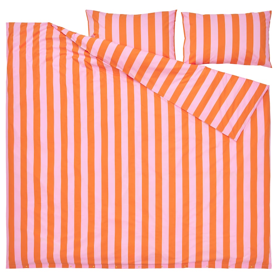 SLÅNHÖSTMAL Duvet cover and 2 pillowcases, orange/pink/striped, 200x200/50x80 cm