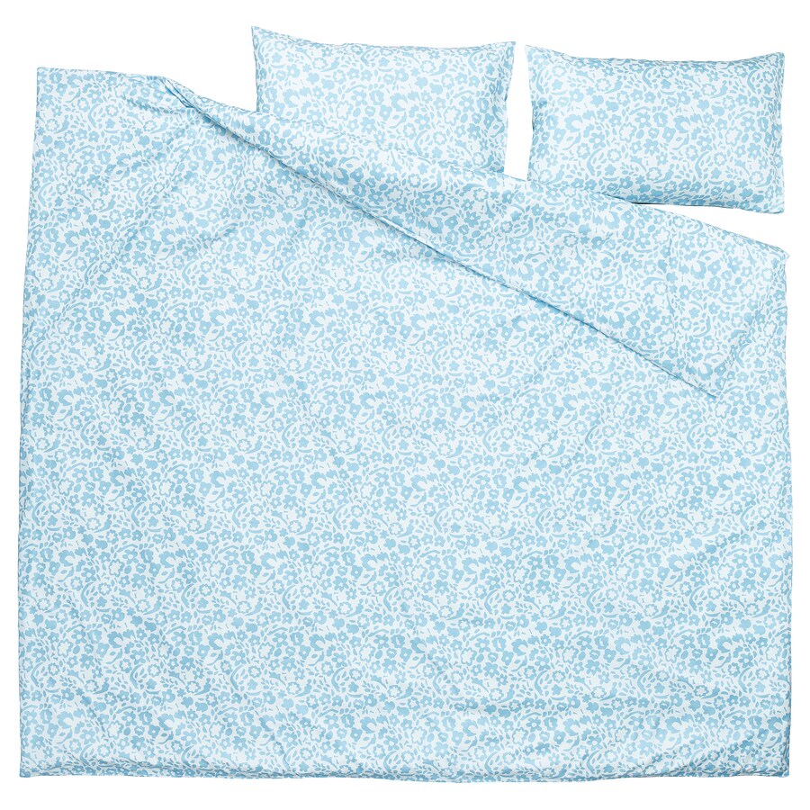 CYMBALBLOMMA Duvet cover and 2 pillowcases, white/blue, 240x220/50x80 cm
