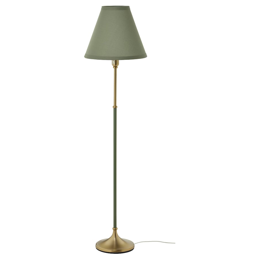 FLYGHÖJD Floor lamp, brass/beige