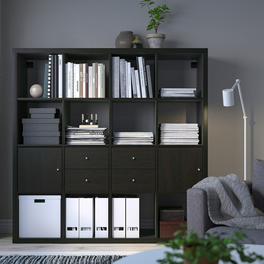KALLAX Shelving unit with 4 inserts, white stained oak effect, 147x147 cm