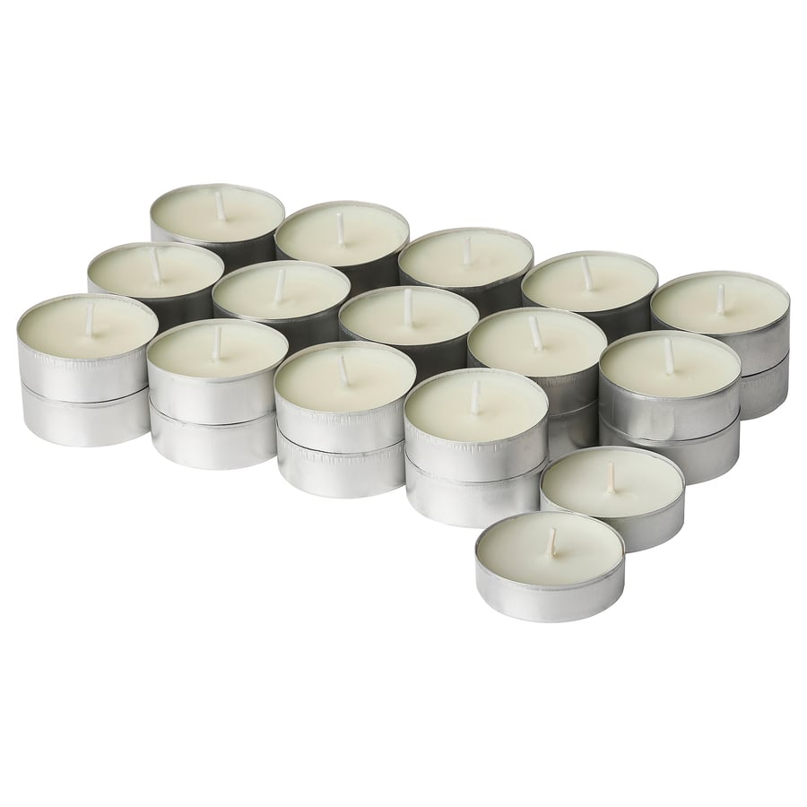 SILKESTRÄD Scented tealight, dew & moss/off-white, 3.5 hr