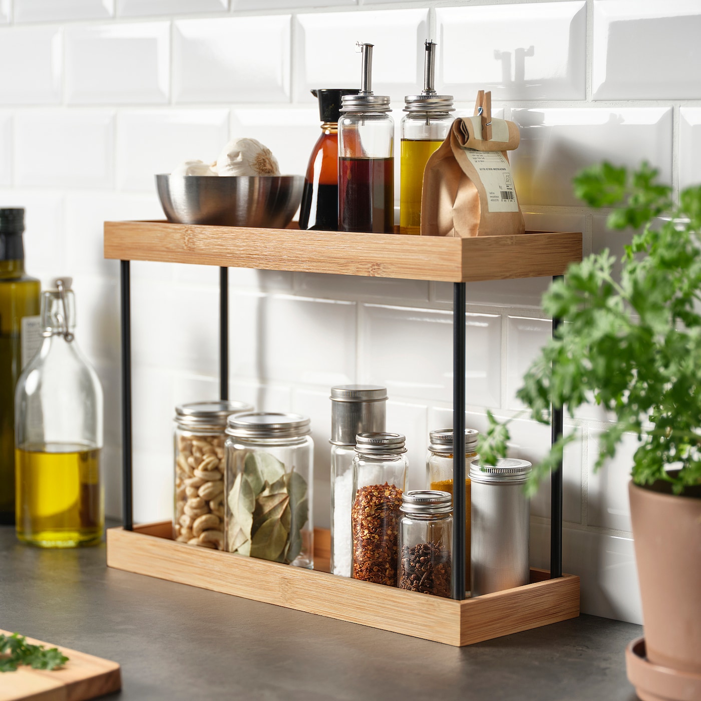 NÅLBLECKA Kitchen countertop organiser, metal/bamboo, 38x13x28 cm