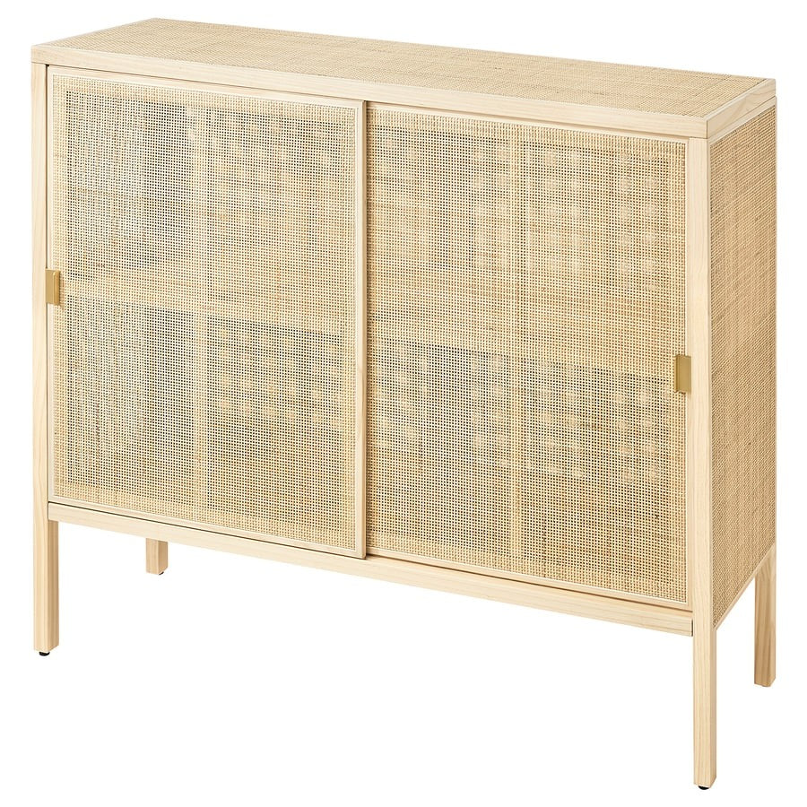 STOCKHOLM 2025 Cabinet with sliding doors, rattan/pine, 125x47x110 cm