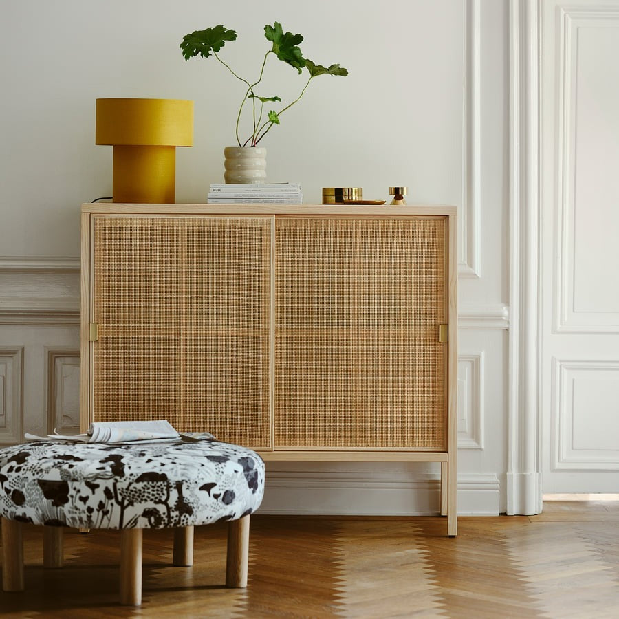 STOCKHOLM 2025 Cabinet with sliding doors, rattan/pine, 125x47x110 cm