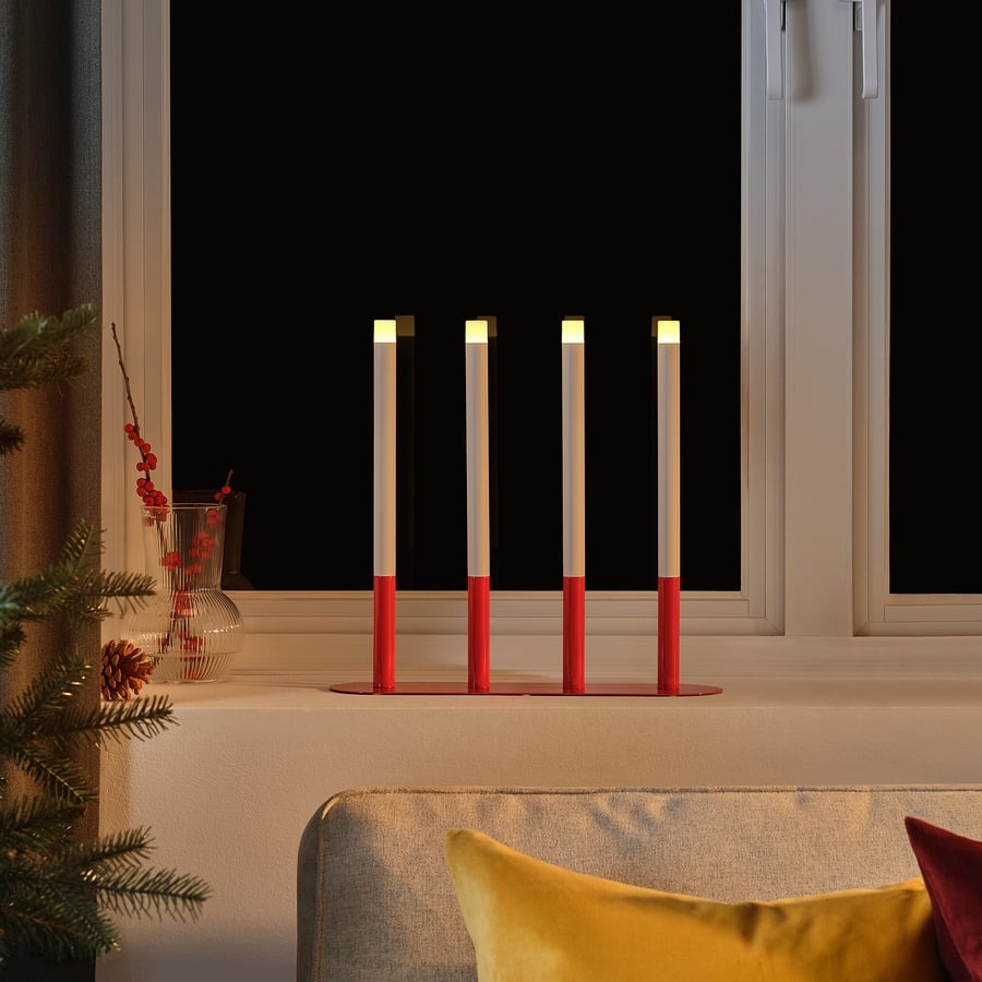 STRÅLA LED candelabra, candle-shaped battery-operated/red