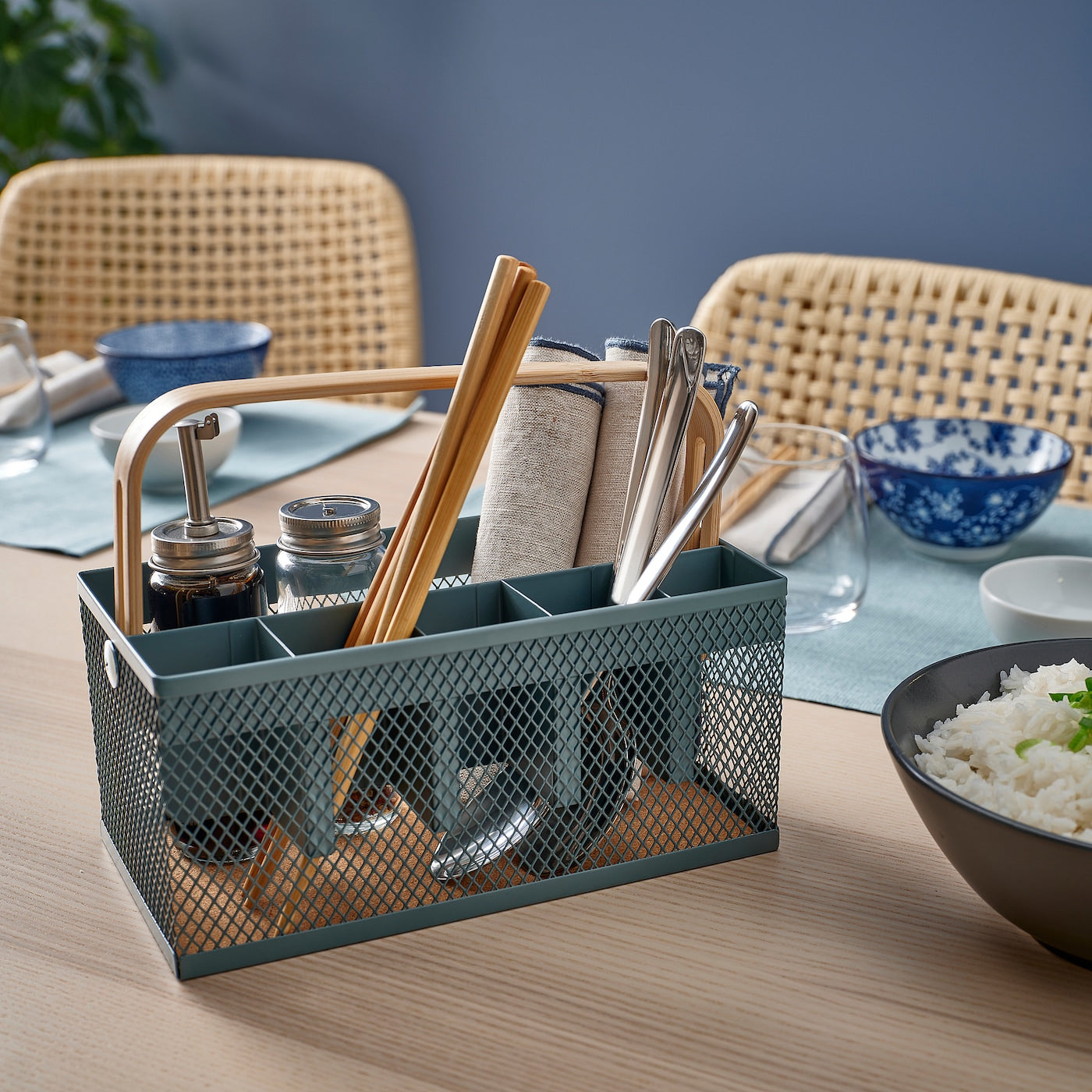 VIMPELFISK Cutlery holder, bamboo/grey-turquoise