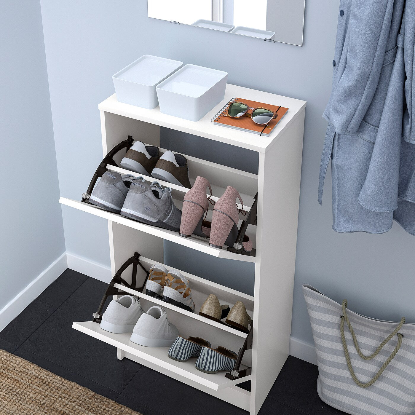 BISSA Shoe cabinet with 2 compartments, white, 49x28x93 cm