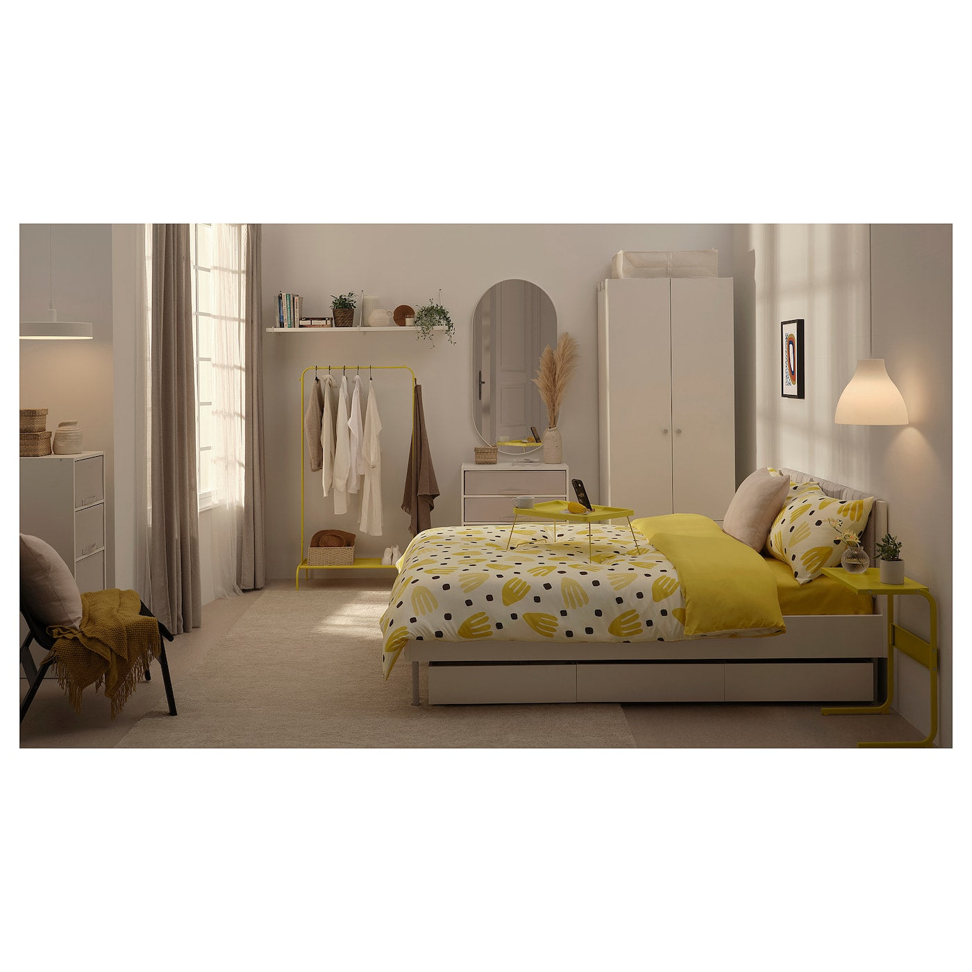 BRUKSVARA 4-piece bedlinen set - white/yellow 200x200 cm