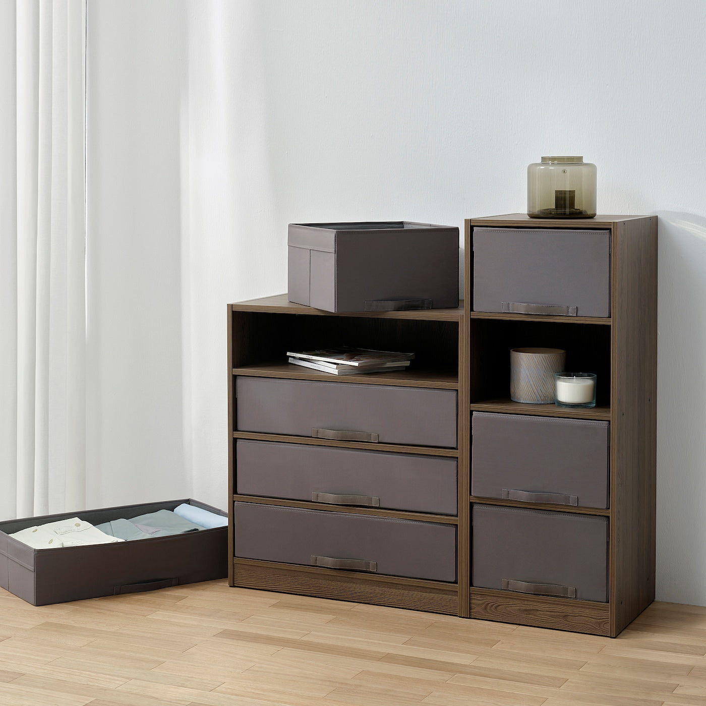 BRUKSVARA Storage unit with 4 boxes, brown/dark grey, 70x80 cm