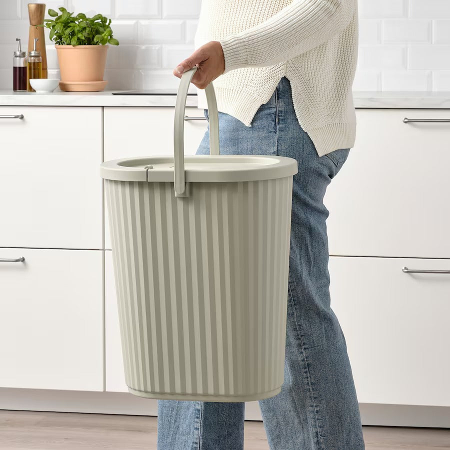 DAMMÄNG Bin with lid, grey-beige, 26 l