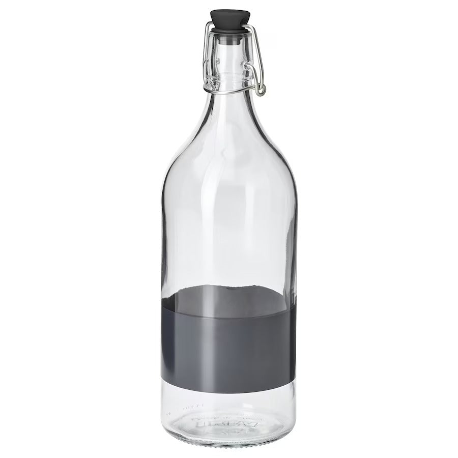 KORKEN Bottle with stopper, clear glass/black, 1 l