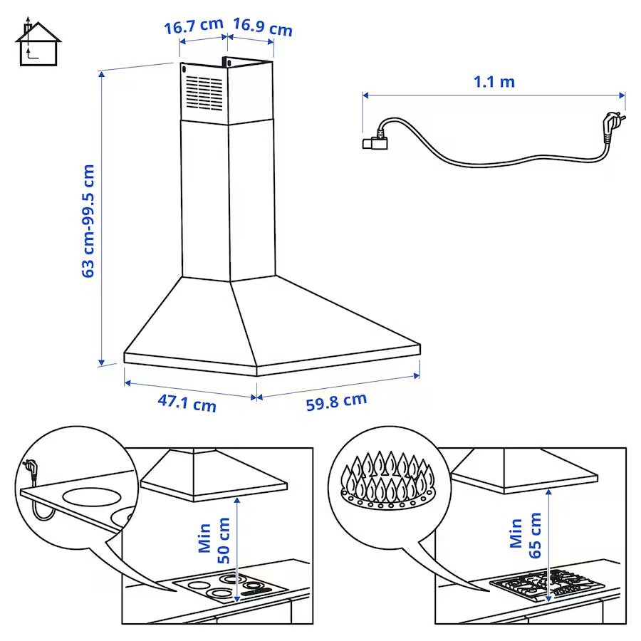 RYTMISK Wall mounted extractor hood, stainless steel, 60 cm