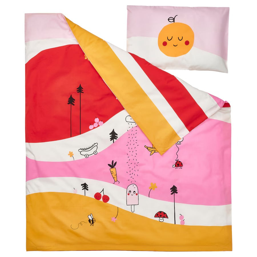 GRÖNFINK Duvet cover 1 pillowcase for cot, multi colour/striped, 110x125/35x55 cm