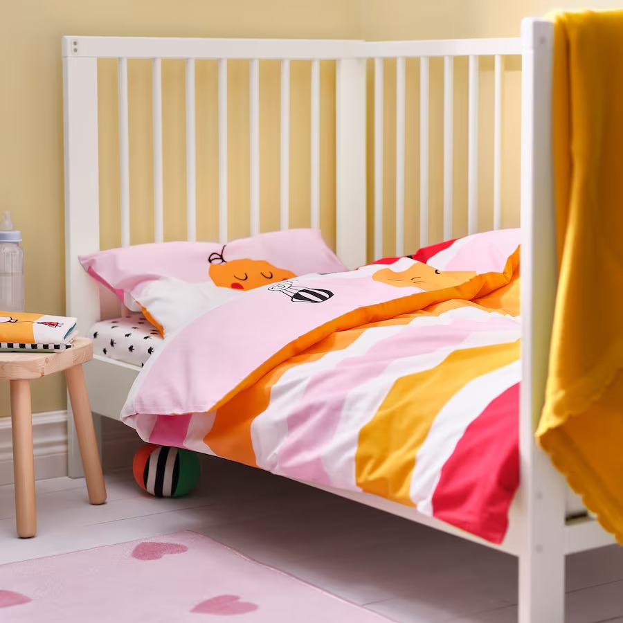 GRÖNFINK Duvet cover 1 pillowcase for cot, multi colour/striped, 110x125/35x55 cm