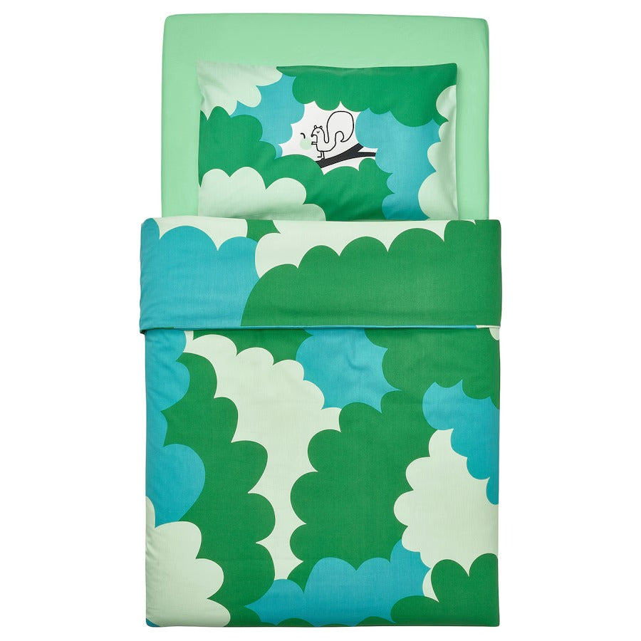 GRÖNFINK 3-piece bedlinen set for cot, green/turquoise, 60x120 cm