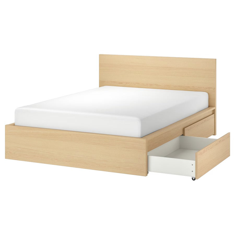 MALM Bed frame, high, w 2 storage boxes, white stained oak veneer/Luröy, 150x200 cm