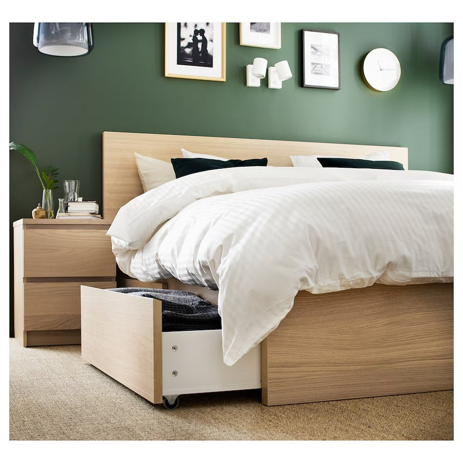 MALM Bed frame, high, w 2 storage boxes, white stained oak veneer/Luröy, 150x200 cm