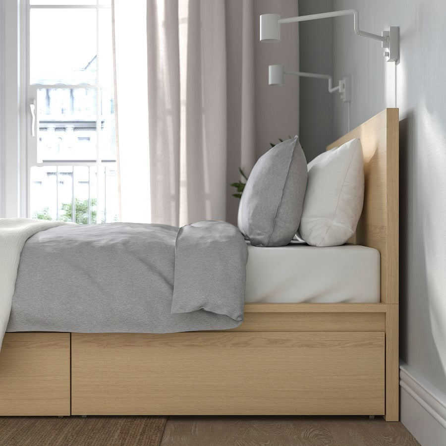 MALM Bed frame, high, w 2 storage boxes, white stained oak veneer/Luröy, 150x200 cm